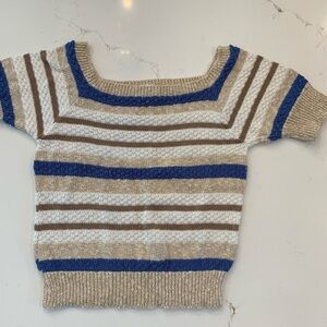 Vintage Striped Knit Sweater Size Medium Neutral Tones Short Sleeve Scoop Neck.